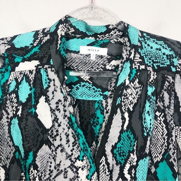 MILLY | Katalina Silk Snake Print Blouse Teal Gray Black Top Women’s Size 4 - Picture 5 of 13
